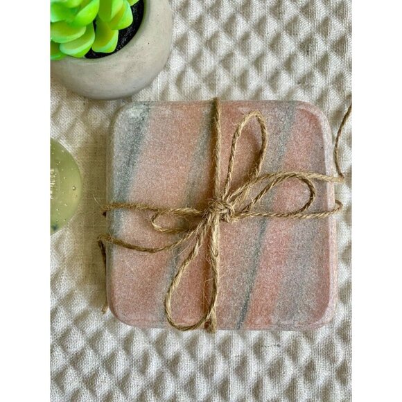 New Natural Marble Pink-Peach & Gray Square Chunky Stone Coasters Set of 2 - Picture 1 of 5